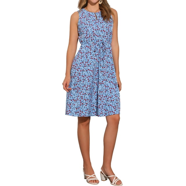 Vestido midi sin mangas de corte A con cuello en forma de llave y cintura ajustable, estampado de flores en azul y rojo, talla XL
