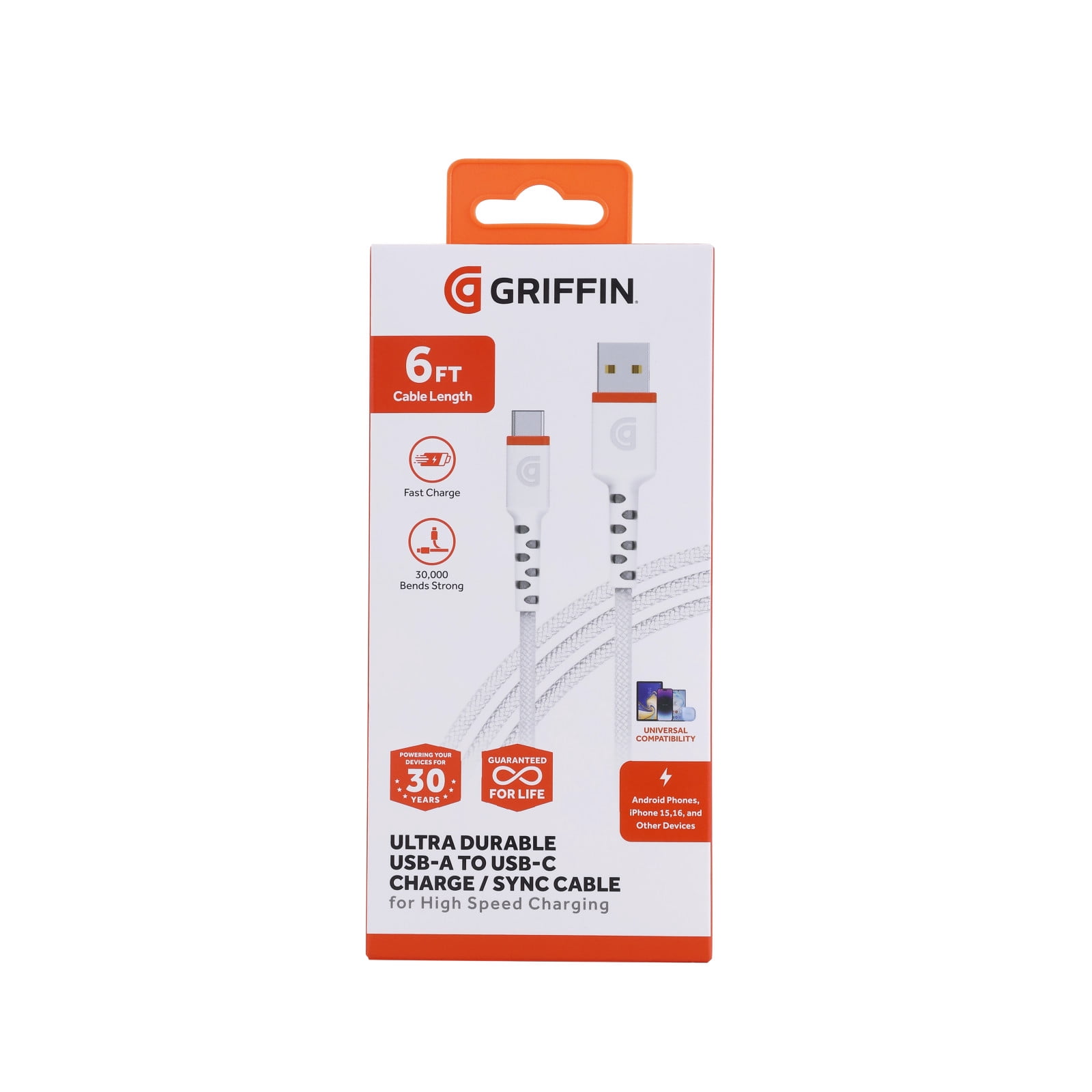 Griffin 6ft Ultra Durable USB-C Type High-Speed Charging Cable – Fast Charging, 30,000 Bends Strong, Compatible with Android, iPhone 15 & 16, Tablets, USB-C Device, USB-A to USB-C Charge & Sync Cable