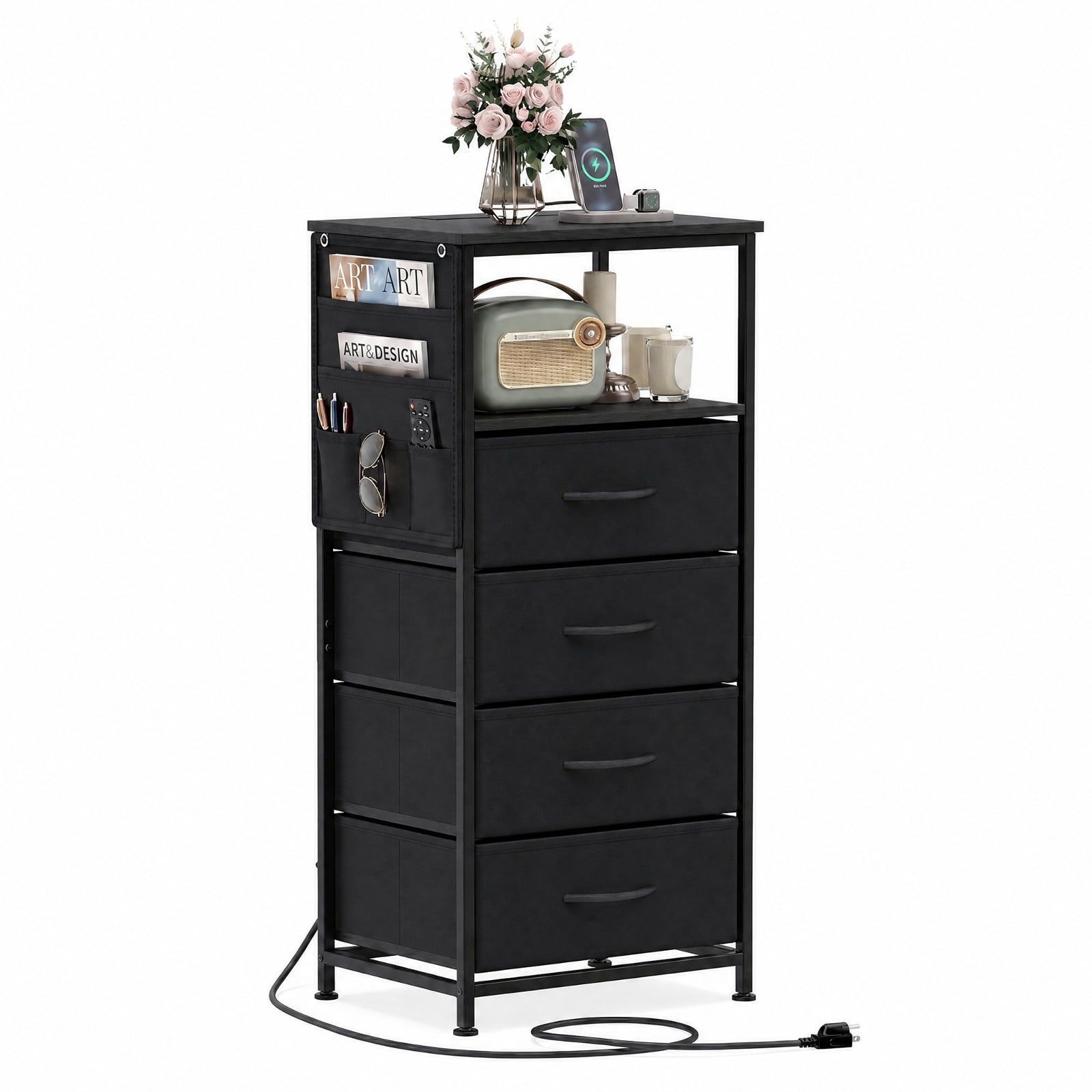 Furnibear 34 Inch Tall Black Nightstand with Integrated Charging Station and 4 Fabric Drawers