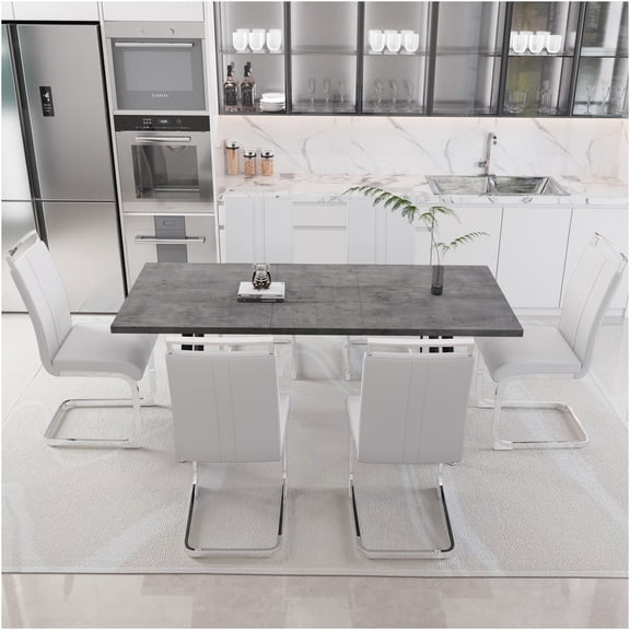 JERFIT 7-Piece Expandable Dining Table Set with C-Shaped Chairs, Modern Kitchen Table & 6 PU Leather Chairs for 4-6 Seating, Grey and White