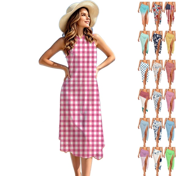 Women Sarong High Slit One Size Swimsuit Coverups Summer Plaid Print Chiffon Wraps Beach Bikini Bathing Suit Swimwear Wrap Cover Up