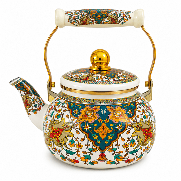 Lnshop Vintage Enamel Tea Kettle, 2.5L / 2.6 Qt Stovetop Teapot with Porcelain Handle, Decorative Floral Hot Water Kettle for Gas, Electric, Ceramic and Induction Cooktops, Boho Style Kitchen Kettle