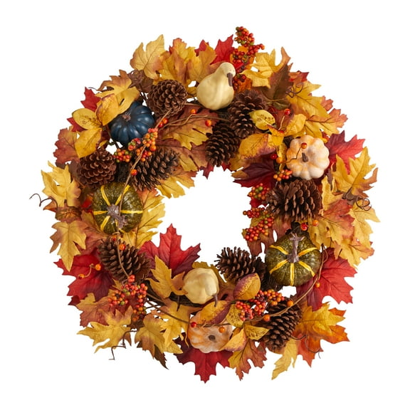 Nearly Natural Plastic Maple Leaf Artificial Autumn Wreath, with Pumpkin Gourd, 26" (Orange)
