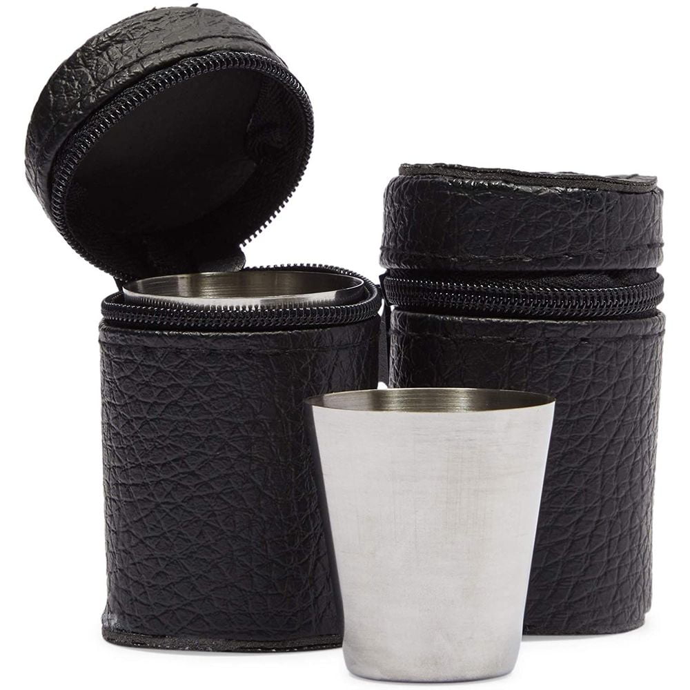 8 Pcs Stainless Steel Metal Shot Glasses with 2 Black Leather Carry