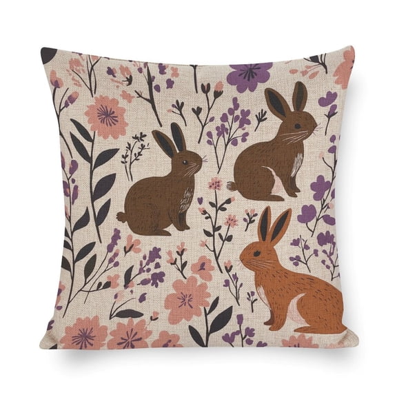 Decorative Square Pillowcase Cushion Case Rabbit Bunny Floral Leaves Pillowcases Scandinavian Floral Print with Rabbits Cute Throw Pillowcases for Couch Sofa Patio Furniture Home Decor 16"x16"