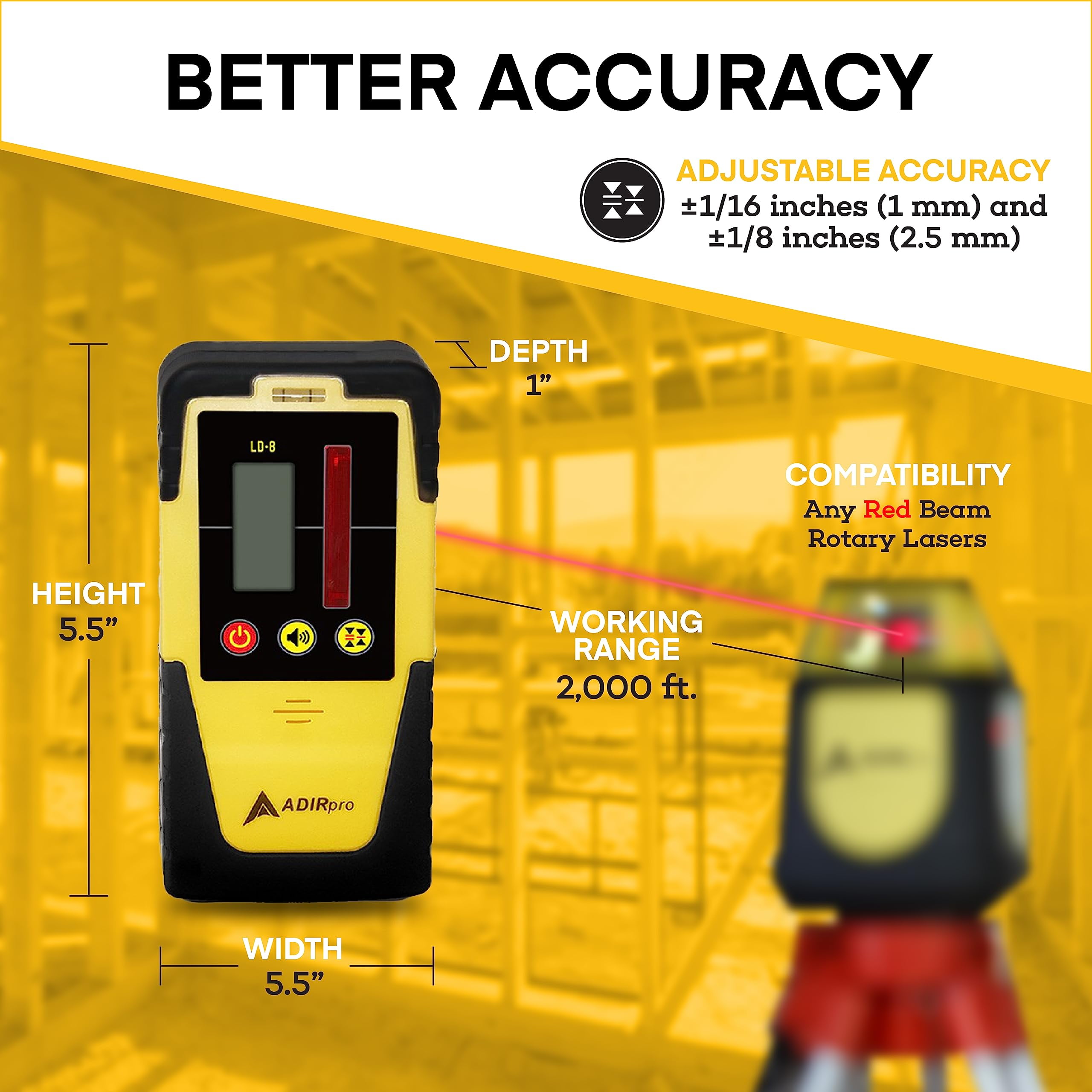 AdirPro Universal Rotary Laser Detector (LD-8) - Digital Rotary Laser Receiver with Dual Display and Built-In Bubble Level, Compatible with All Red Rotary Lasers - Includes Rod Clamp