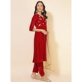 thumbnail image 5 of Janasya Women's Red Velvet Embellished Dress with Pant and Scarf, 5 of 9