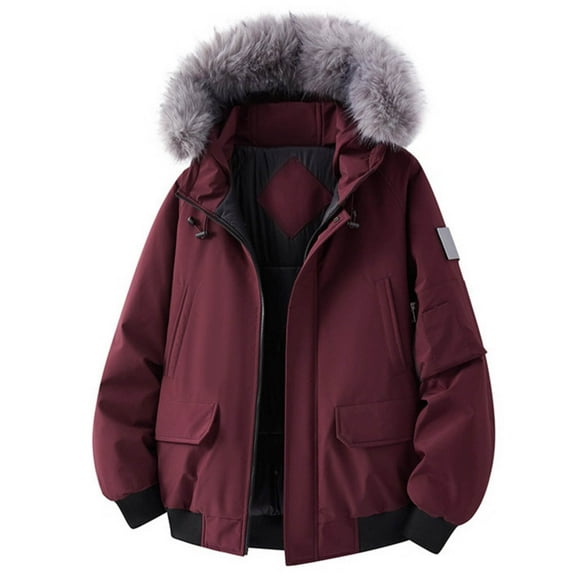 Wrtxtat Puffer Jackets for Men Fashion Solid Color Hooded Outerwear with Pockets Full Zip Winter Warm Heavyweight Windproof Coats Wine XXL