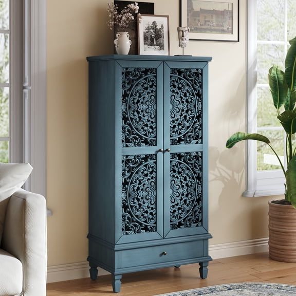 HIUU 55 inch Tall Storage Cabinet,Antique Blue Carved Storage Cabinet with 2 Doors and Drawer,Freestanding Kitchen Pantry Cabinets with Solid Wood Legs for Living Room, Hallway, Dining Room