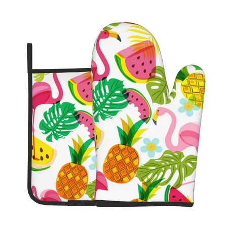 

Oven Mitts And Pot Holders 2 Pcs Set High Heat Resistant Degree Extra Thicken Long Kitchen Oven Glove For Kitchen Baking Grilling Non-Slip Cooking Mitts Vector Tropical Pattern Flamingo
