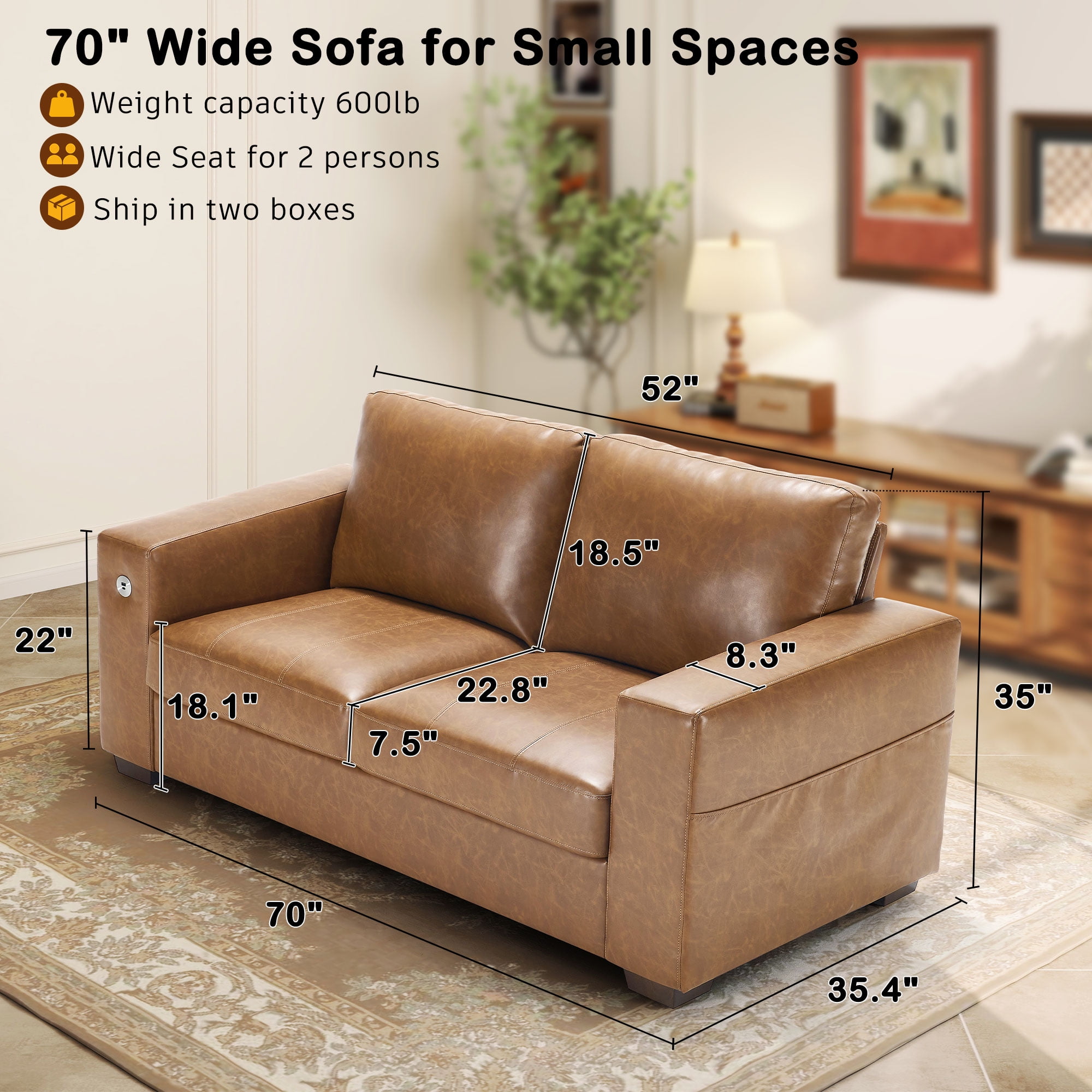 BedLuxury 70” PU Leather Loveseat Sofa,Comfy Modern 2-Seats Sofa for Small Space and Living Room, Removable Cover, Wide Armrest,USB/Type-C Port, Brown