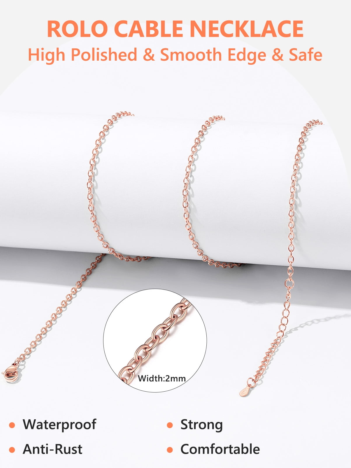 Silvora Rose Gold Plated Chain Necklace for Women Men, 2mm Stainless Steel Necklace for Pendant Gift Jewelry, 20 Inches