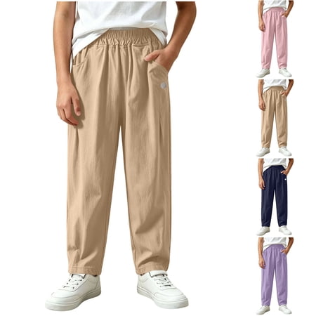 Nilvkv Boys Joggers Boys Pants Small Print Straight Leg Trousers in Relaxed Fit with Elastic Waist and Side Pockets for Outdoor Wear Beige 9-10 Years