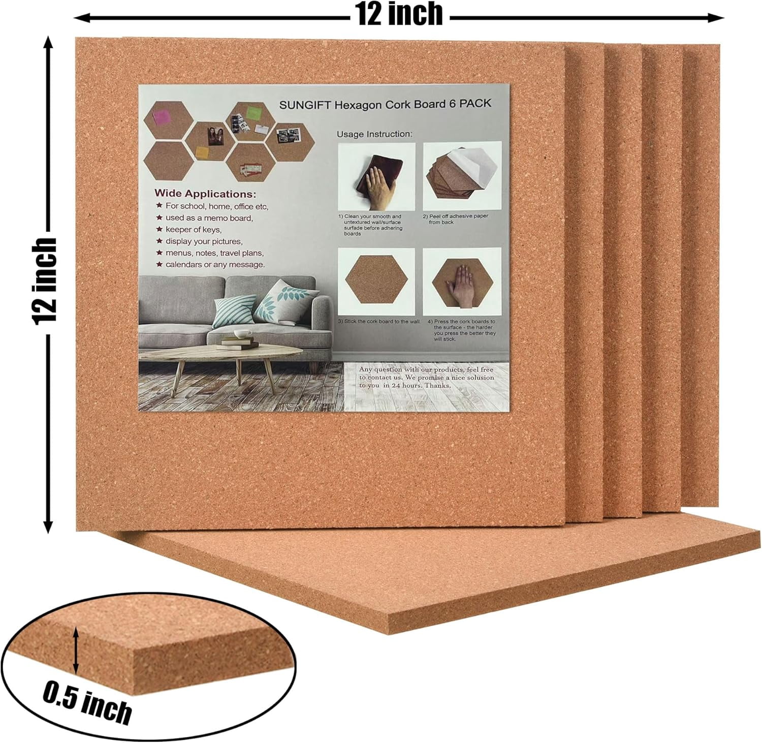 Cork Board 12"x12" - 1/2" Thick Square Bulletin Boards 6 Pack Tiles with 50 Push Pins Mini Wall Self-Adhesive Corkboards for