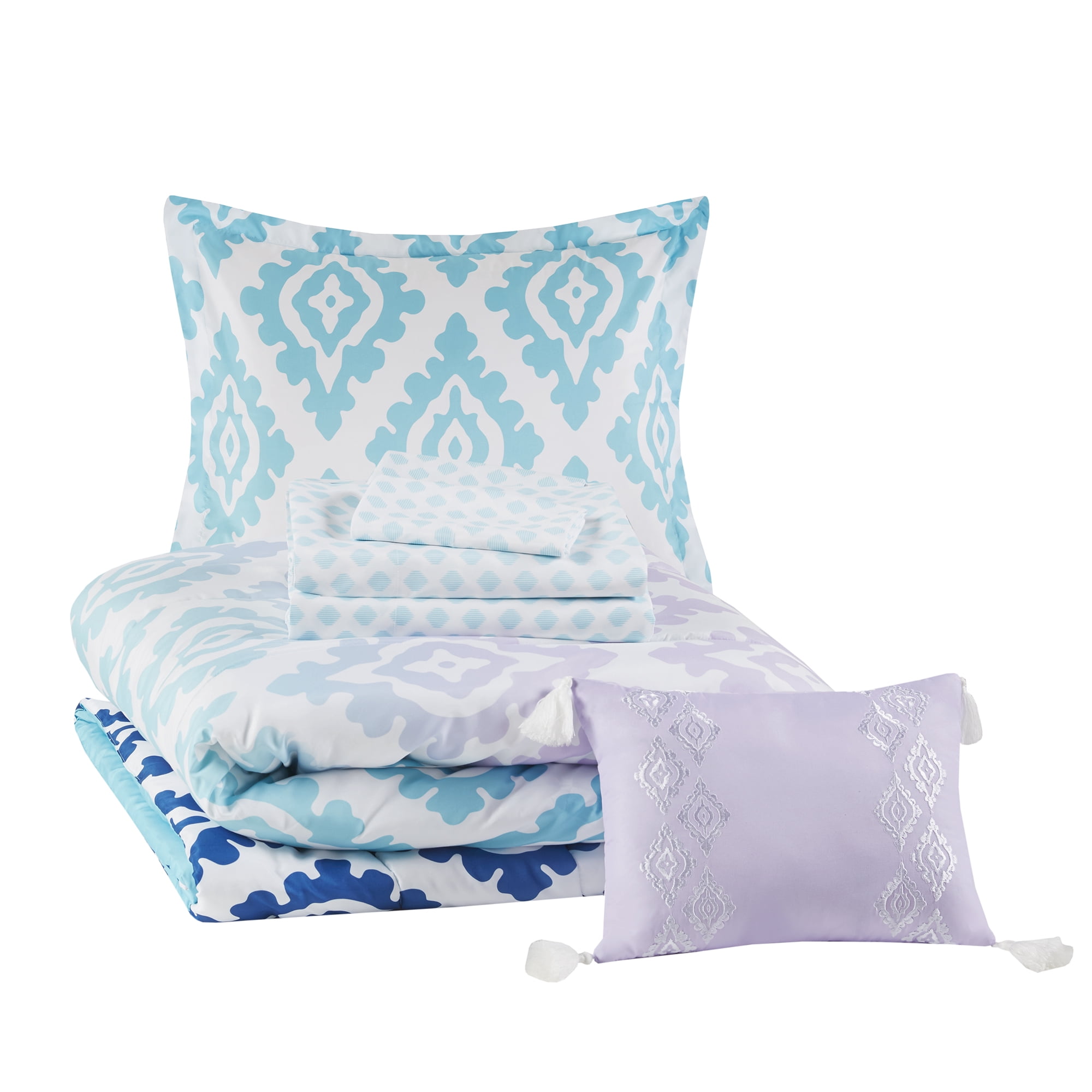 Mainstays Teal and Purple 6 Piece Bed in a Bag Comforter Set with Sheets, Twin/Twin XL
