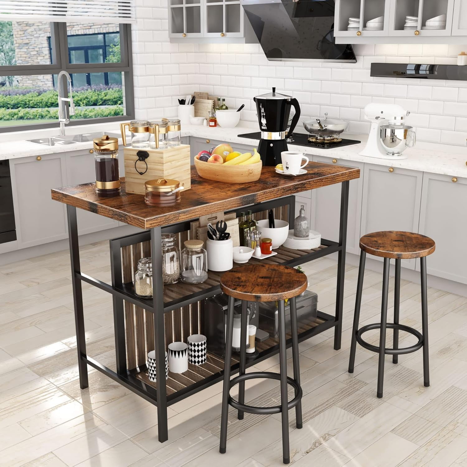 Cvortll Kitchen Island With Seating, Wooden Counter 33"Height Table with Storage Kitchen Table Set for 2