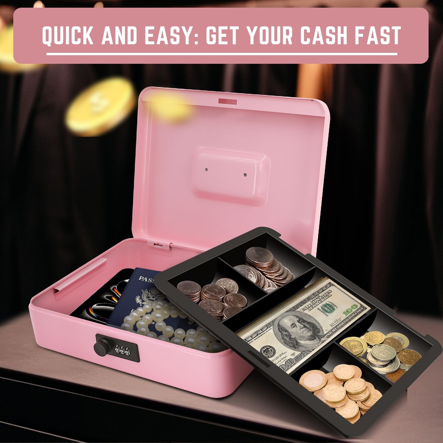 Cash Box with Combination Lock - Metal Cash Box with Money Tray and Lock - 5-Compartment Money Lock Box for Cash, Petty Cash, Checks, Coins, 11.8"x 9.4"x 3.5", Pink