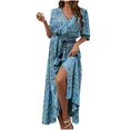 thumbnail image 2 of Puntoco Vestido De Manga Corta Con Cuello En V, Nuevo Vestido Largo De Playa Con Escote En V Y Cintura Estampada De Verano Para Mujer Azul M, 2 of 9