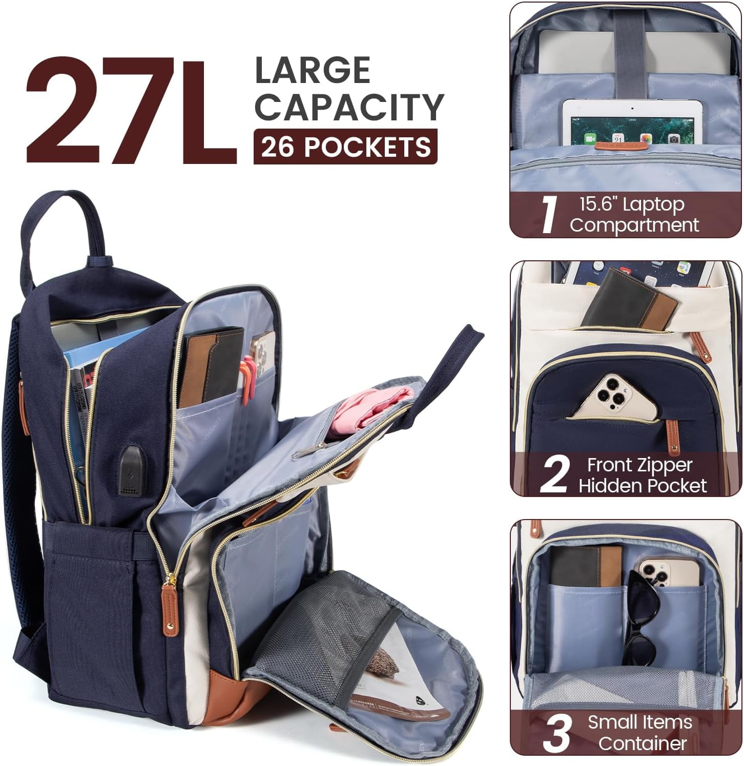 Lovevook Women's USB Charging Port Nylon 15.6" Laptop Backpack, Navy-Beige