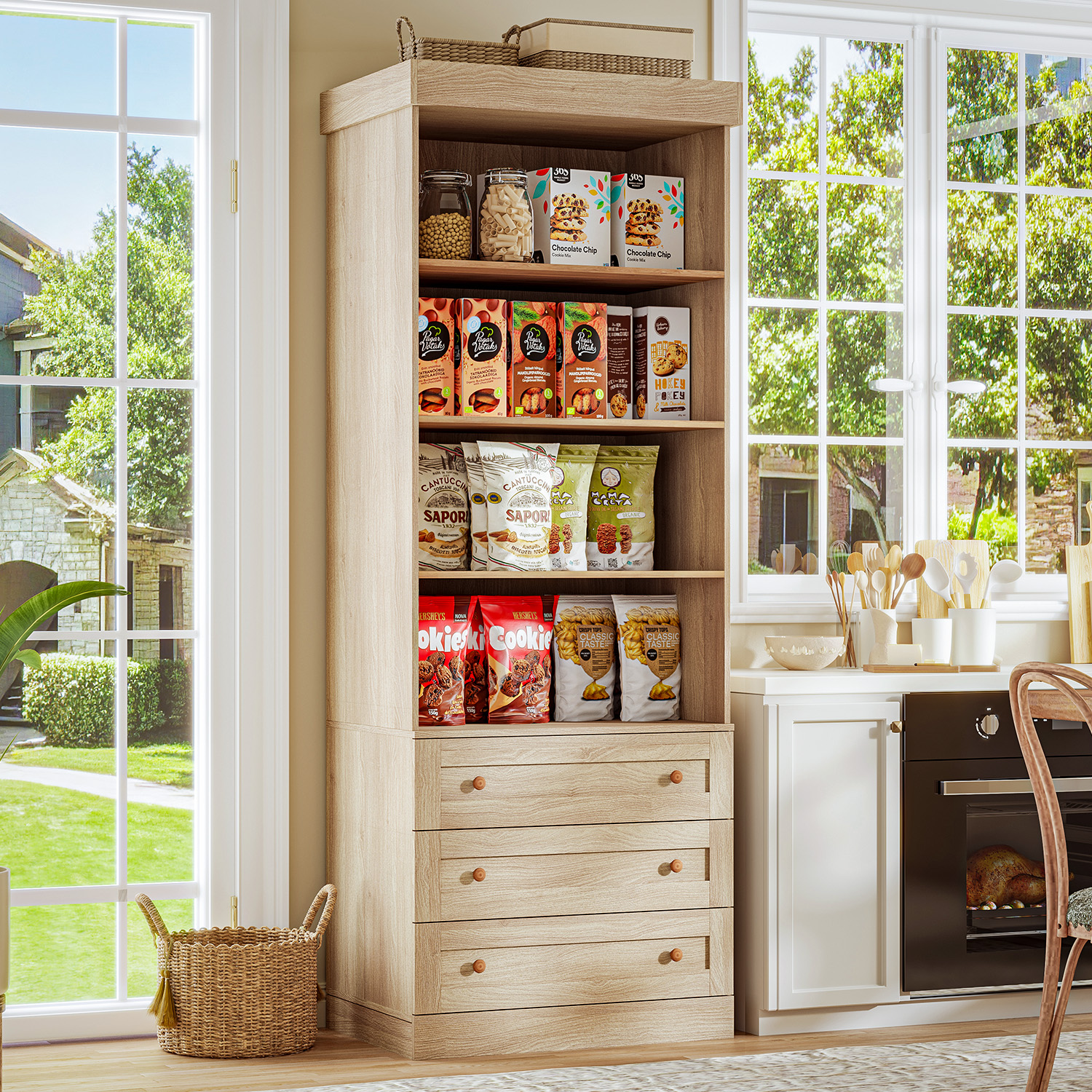 71" Tall Farmhouse Pantry Cabinet,Large Storage Cabinet with Glass Doors, Adjustable Shelves ,3 Drawer,Wood Versatile Hutch Cabinet for Dining Room,Living Room,Brown,3 Pcs