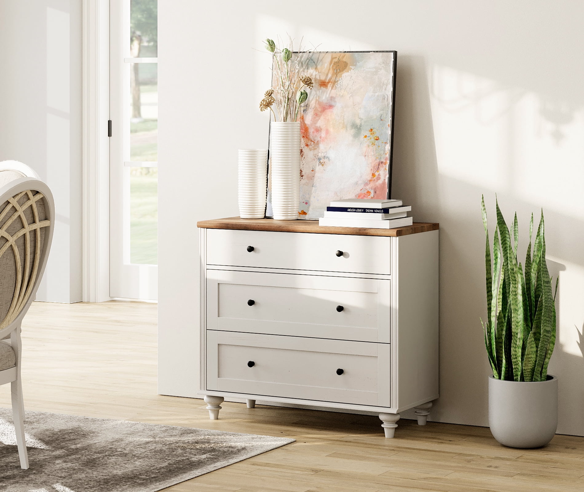 Farmhouse Dresser for Bedroom with 3 Drawers, Mid Century Modern Kids Dressers with Wood Closet Storage Organizer, Small Dressers for Nursery, Hallway, Living Room, Antique White
