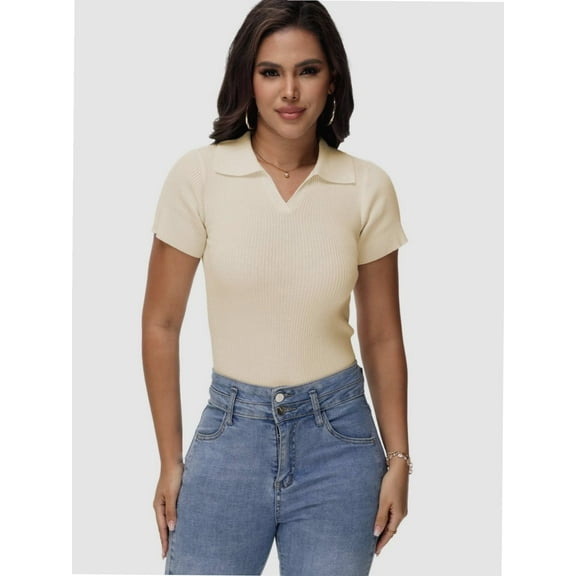 Women's Short Sleeve V Neck T Shirts Summer Knit Slim Fitted Basic Solid Color Tee Tops