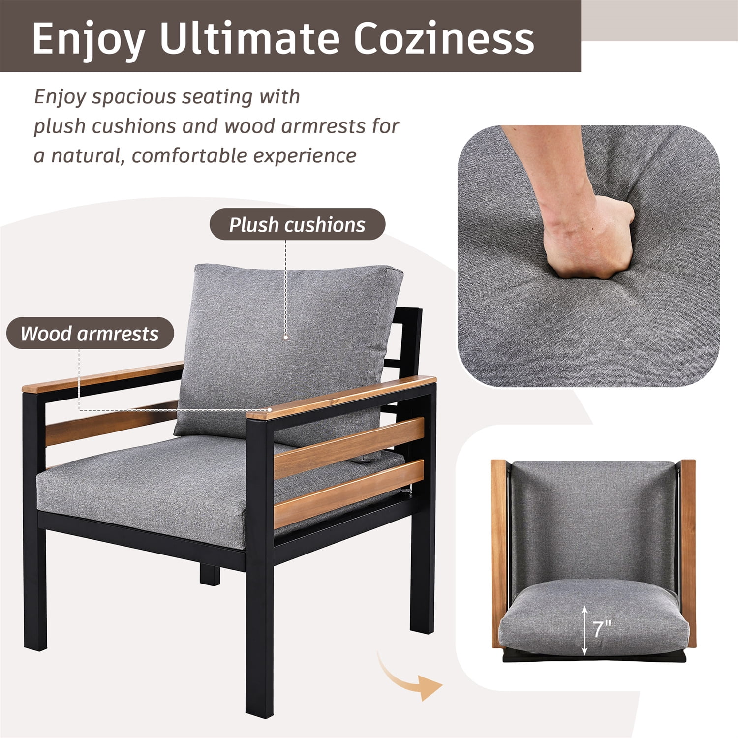 YIORTWO Patio Furniture Set, 4 Piece Outdoor Patio Furniture with Coffee Table Set, Metal Patio Conversation Sets with Washable and High-Resiliency Sponge Cushions, Gray