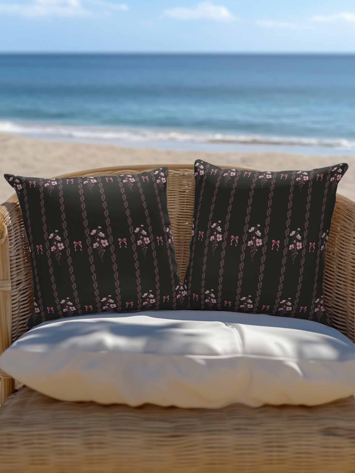 1 Pack Outdoor Throw Pillow, Spring Floral Waterproof Pillow with Insert Included, Vintage Bohemia Flowers Leaves Bows Black Decorative Accent Cushion Sofa Pillows for Patio Porch, 16 x 16 In