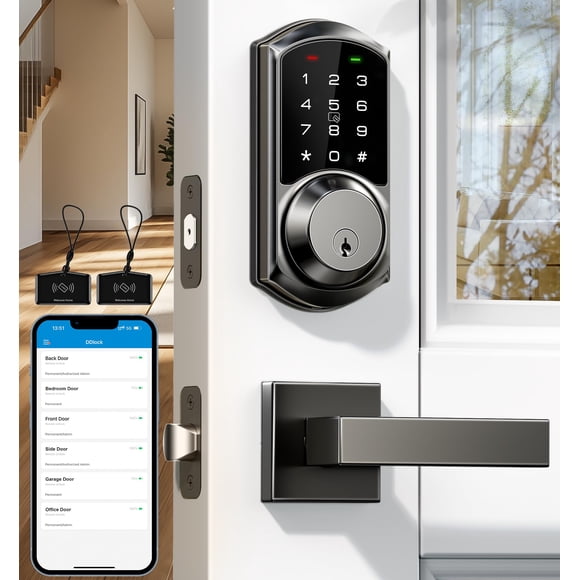 Veise Cerraduras inteligentes con juego de 2 manijas de palanca, control de aplicación, cerrojo de entrada sin llave para puerta delantera, teclado electrónico digital con pantalla táctil, bloqueo aut