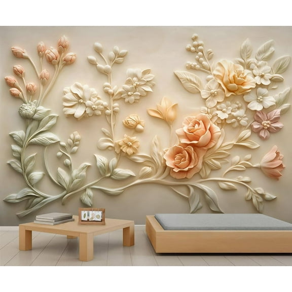 Relief Orange Peony 3D Wallpaper, Embossed Colored Flowers Photo Wallpaper, Nordic Modern Luxury Art Wall Mural Decoration For Home Decor Living Room Bedroom 98.4"W x 68.9"H (Not Peel and Stick)