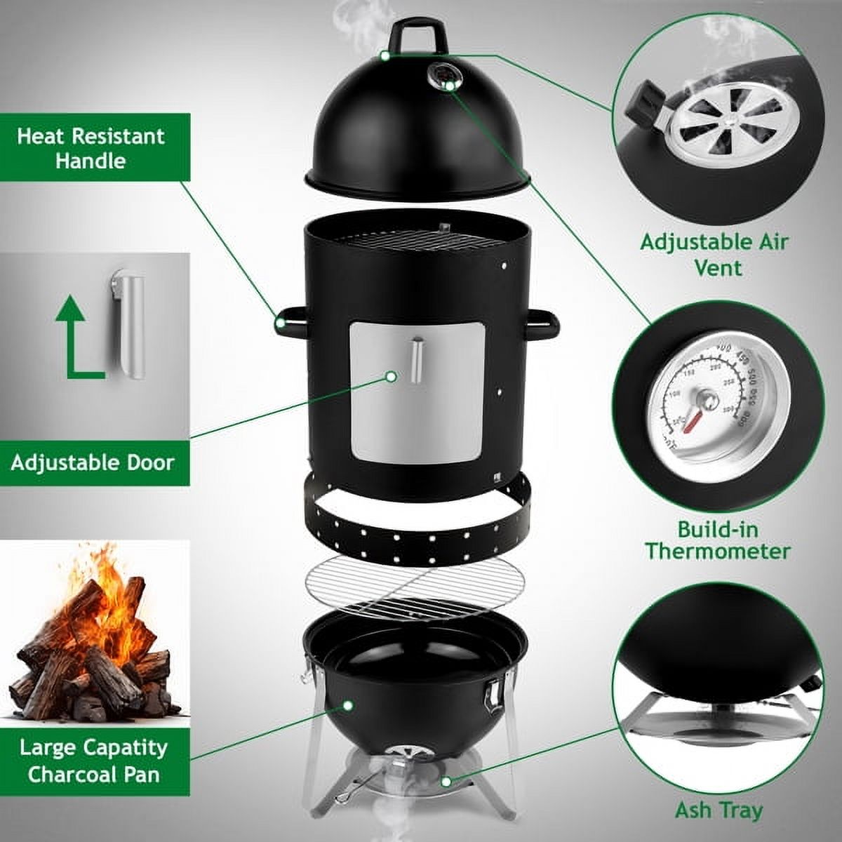 Vertical 18.5 Inch Steel Charcoal Smoker, 3 in 1Heavy Duty Round BBQ Grill for Outdoor Cooking