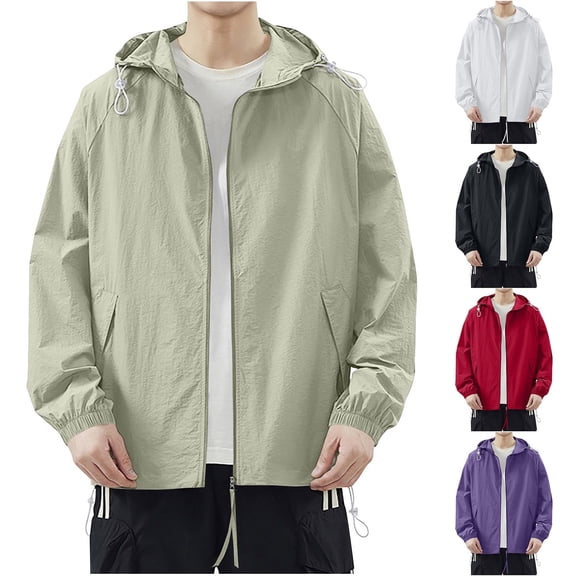 Xfvqtps Mens Light Jacket Sun Protection Hoodie Full Zip up with Drawstring Long Sleeve Pockets Solid Color Fishing Hiking Athletic Running Lightweight Breathable Waterproof Summer Top Army Green