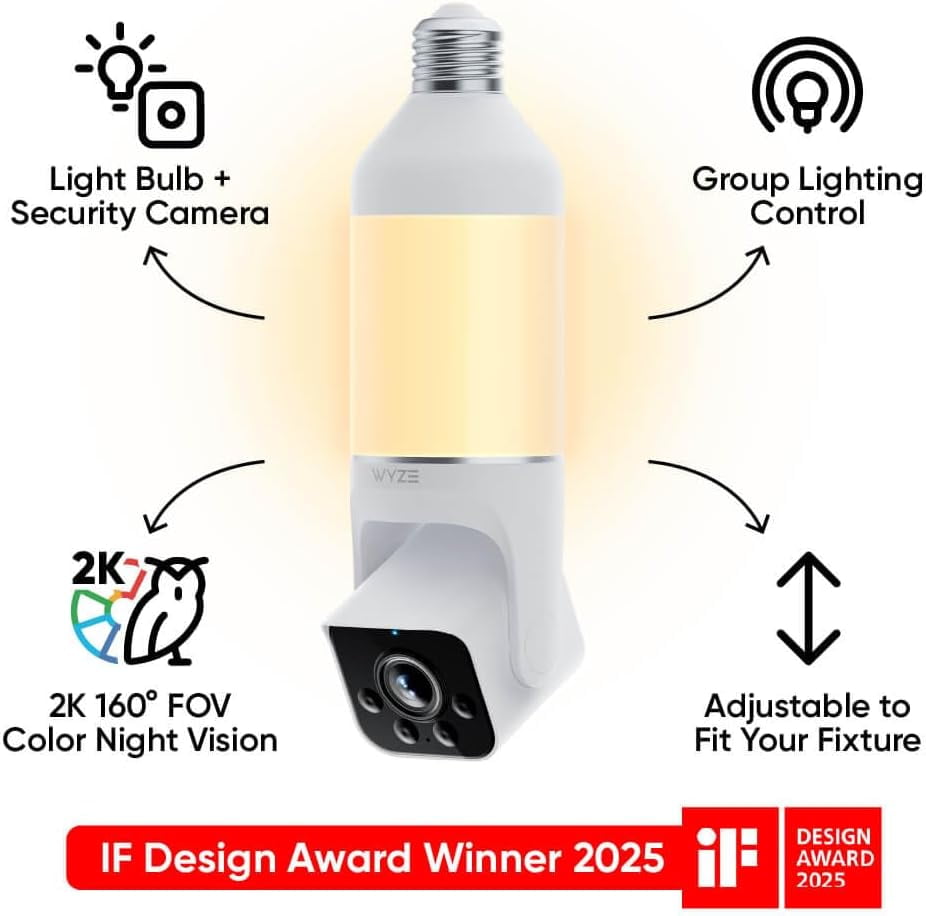 Restored WYZE Bulb Cam Security Camera, 2K HD Outdoor Light Bulb Camera, Color Night Vision, Dimmable LED Bulb, Motion Detection, Siren Alarm, Works w/Alexa/Google Assistant. Free Expert Support (Refurbished)