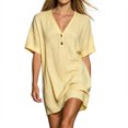 thumbnail image 6 of Ygbgbb Women V‑Neck Henley Mini Tunic Dress, Short Sleeve Half‑Placket Loose Fit Casual Shift Dress for Beach Cover‑Up and Everyday Summer Wear Yellow M, 6 of 8