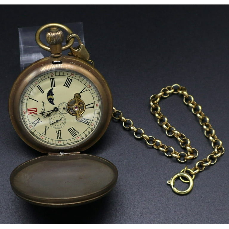 VIGOROSO Antique Mechanical Pocket Watch Moon phase Tourbillion Pure Copper Case Luxury Men s Vintage Fob Chain Watches Clock