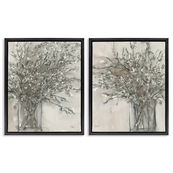 Stupell Industries Charcoal Sketched Vase Plants & Flowers Painting Black Floater Framed Canvas Art Print Wall Art, 17 x 21, Set of 2