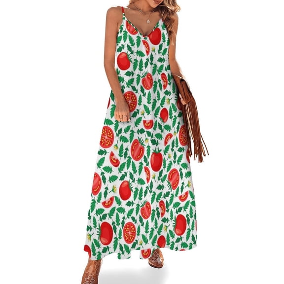 Tomato Pattern Sleeveless Suspender Dress Summer Fashion Casual Long Dress
