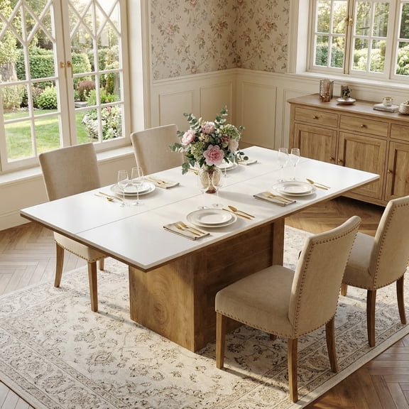 55" Rectangular Dining Table for 4–6 People, Farmhouse Kitchen Table with Wood Pedestal Base, Modern Dining Room Table, White & Natural