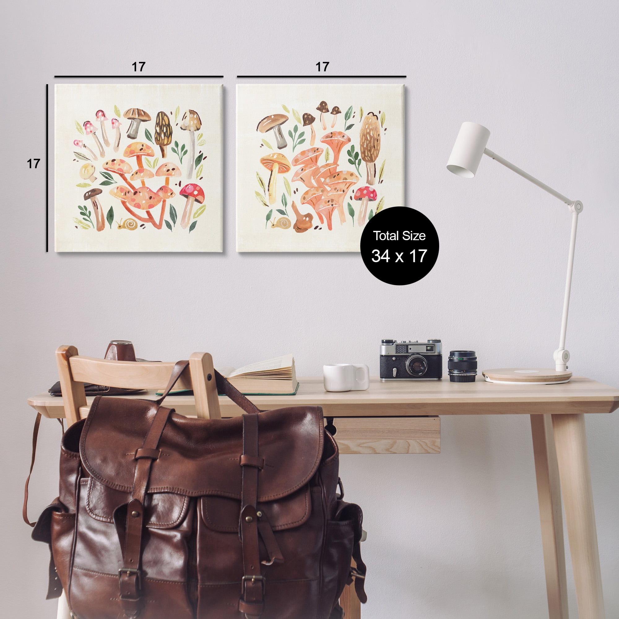 Stupell Industries Mushroom & Leaves Pattern Botanical & Floral Painting Gallery Wrapped Canvas Art Print Wall Art, 17 x 17, Set of 2