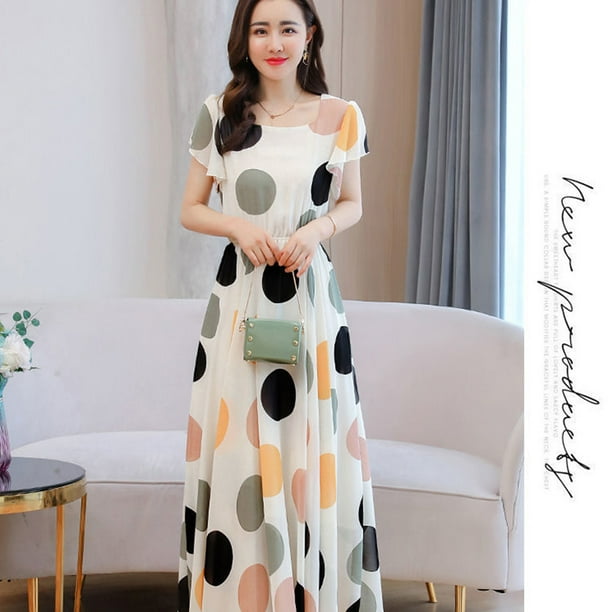 Bingirl Women Dress Polka Dot Printed Crew-neck Flare Sleeve Casual Long  Waist-slimming A-line Skirt White M 