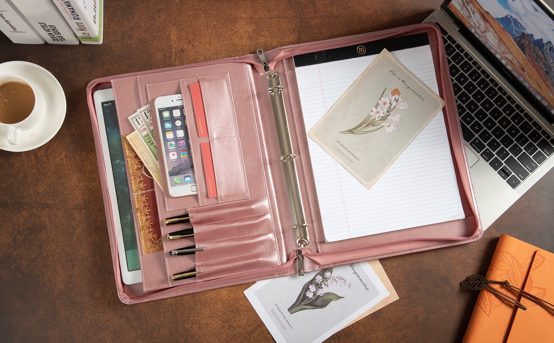 LeatherBelief Portfolio 3 Rings Binder 1 inch, PU Leather Padfolio with Zipper, Business Organizers with A4 Legal Pads, Gift for Her, Rosegold