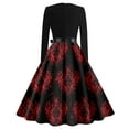 thumbnail image 3 of WTOBBY Women's Elegant Retro V-Neck Swing Dress Featuring Halloween Print, Long Sleeves, Waist Bow Tie Detail, and Classic Hepburn Style for Casual Parties ,Vermilion 2XL, 3 of 3