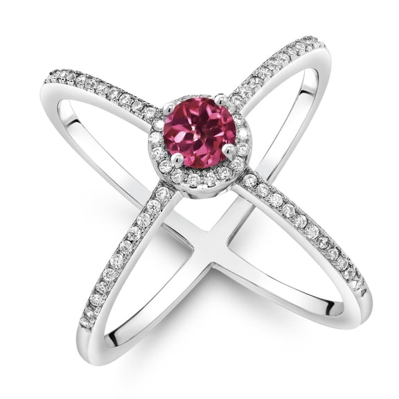 Gem Stone King 1.34 Cttw Round Pink Tourmaline Criss Cross X Ring for Women | 925 Sterling Silver | Round 5MM | Gemstone Birthstone | Available in Size 5, 6, 7 | Size 5