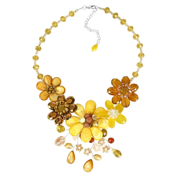 Vibrant Sunshine Yellow Agate, Sandstone, and Seashell Floral Bib Necklace