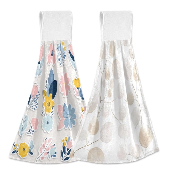 IAUYY Kitchen Hanging Towels Set of 2 100% Polyester Absorbent, Super Soft Hand Towels with Hanging Loops for Bathroom Kitchen Yellow Spring Flowers White Leaf Pattern