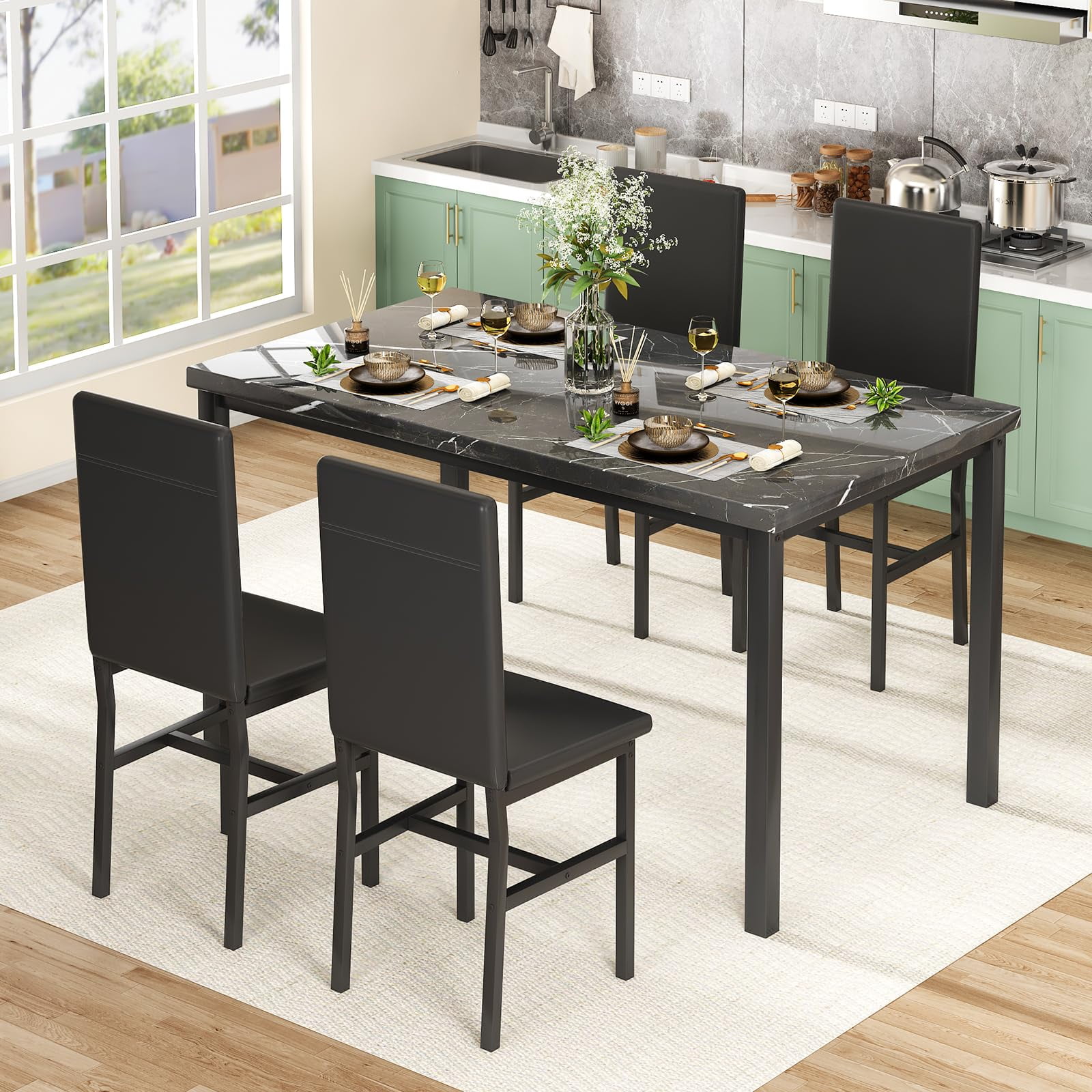 LinkRomat Dining Table Set for 4, Faux Marble Kitchen Table Set with 4 Leather Upholstered Chairs, 5 Piece Modern Dinette for Dining Room