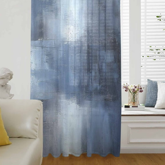 Blue Ombre Semi Sheer Curtains Drapes for Living Room, Bedroom, French Doors Window 108 Inches Long, Oil Painted Retro Abstract Art Modern Rod Pocket Chiffon Curtain Drapery Voile Draperies Panel