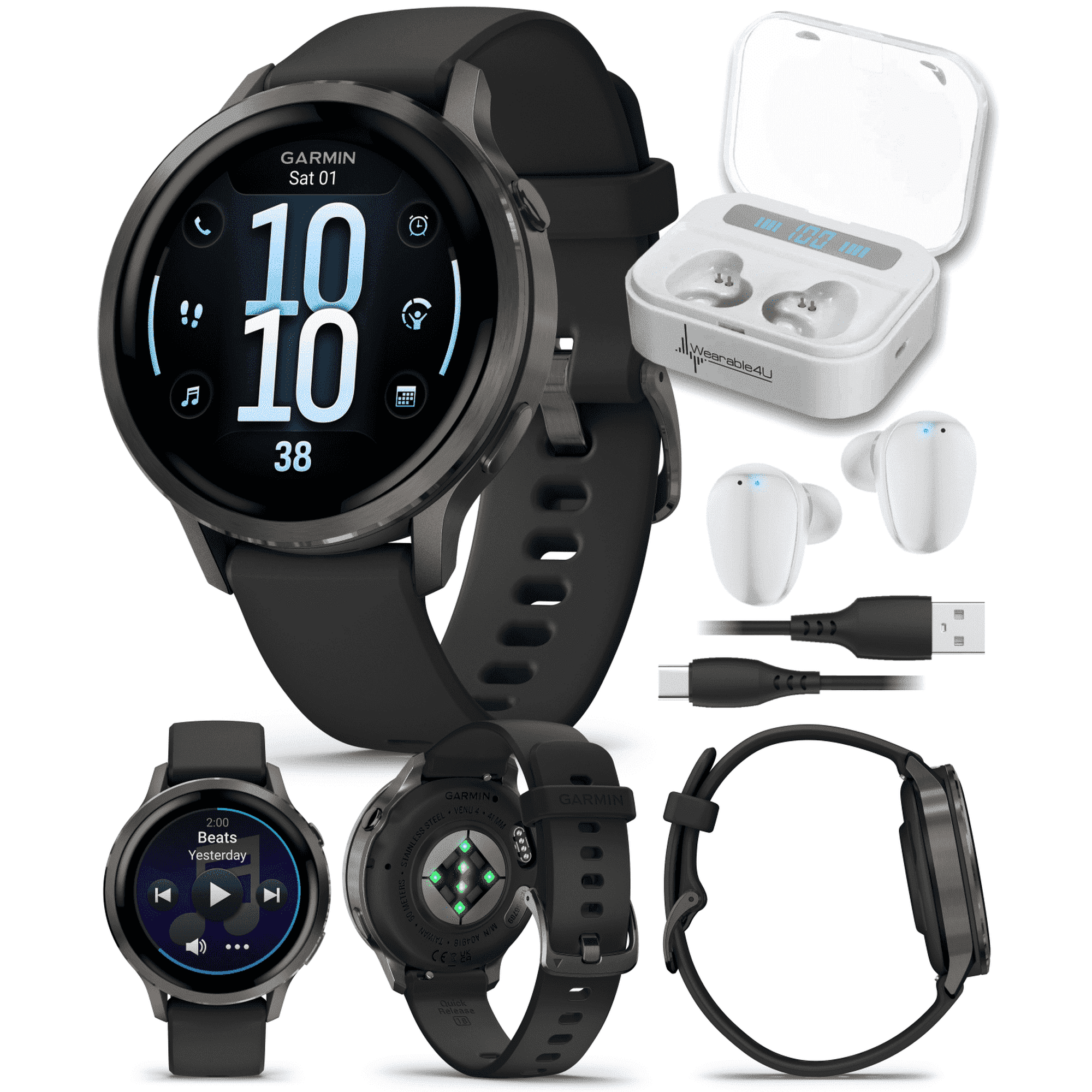 Garmin Venu 4 - 41mm AMOLED Advanced Health & Fitness GPS Smartwatch, Bright & Colorful Display, Flashlight, Up to 10 Days, Slate with Black Silicone Band w/Wearable4U White EarBuds Bundle