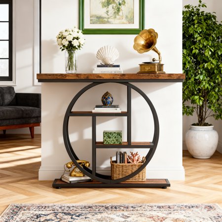 KIOOTTO 41.3 Rustic Brown 4-Tier Industrial Console Table with Circle Base Narrow Sofa Entryway Table for Storage in Living Room Hallway Foyer