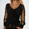thumbnail image 2 of Womens Long Sleeve T Shirt Solid Mesh Patchwork Loose V Neck Elegant Blouse Top for Women Casual Wear A-Black XL, 2 of 5